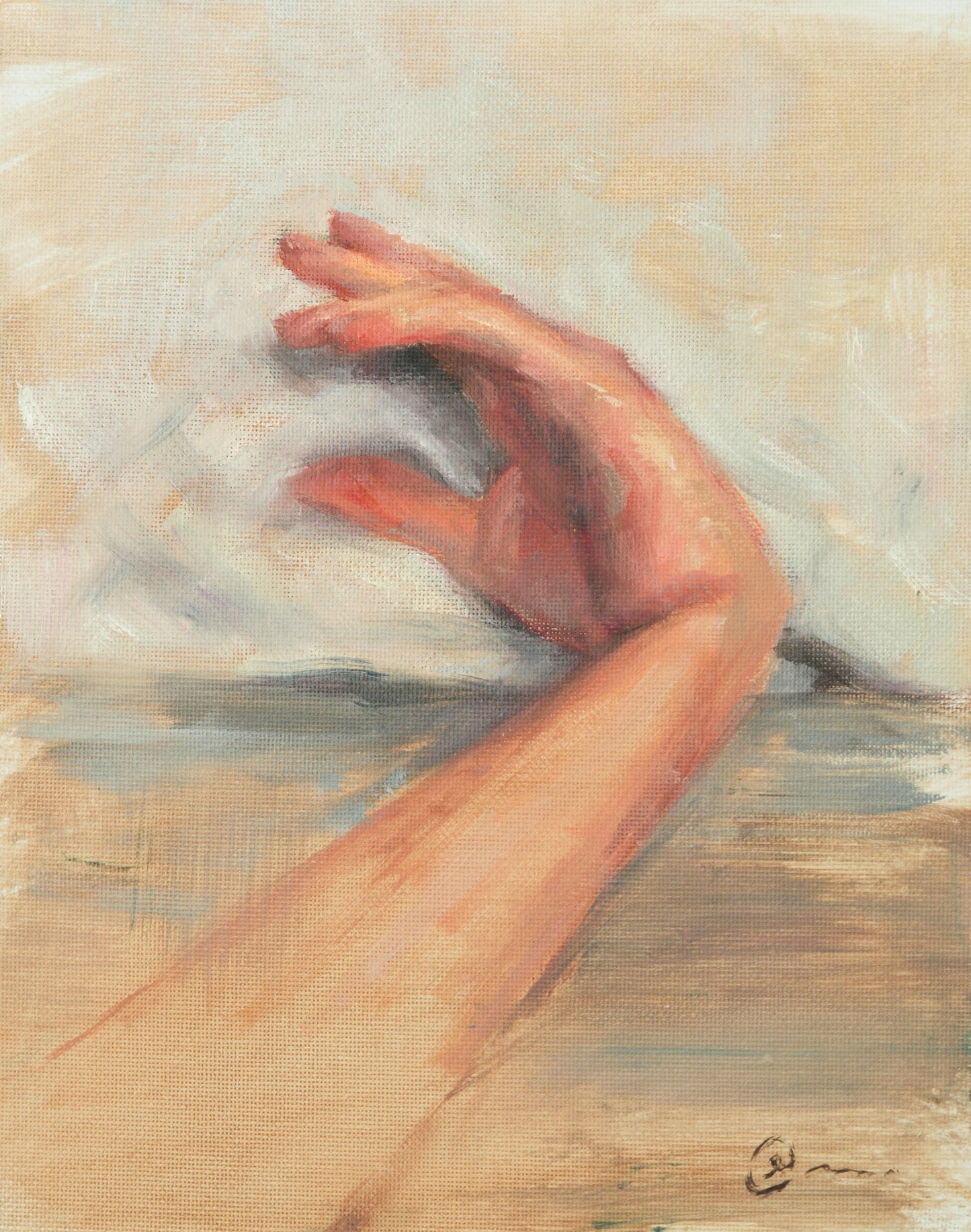 "Hand resting on pillow" - Framed